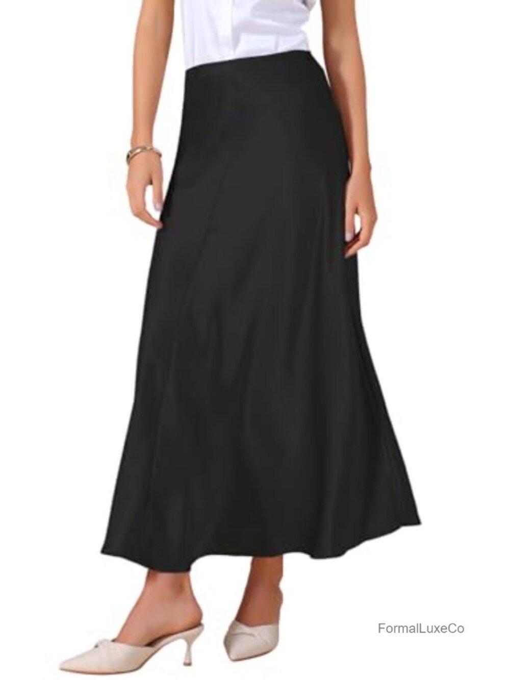 Satin High Waisted Elastic Waistband Maxi Skirt